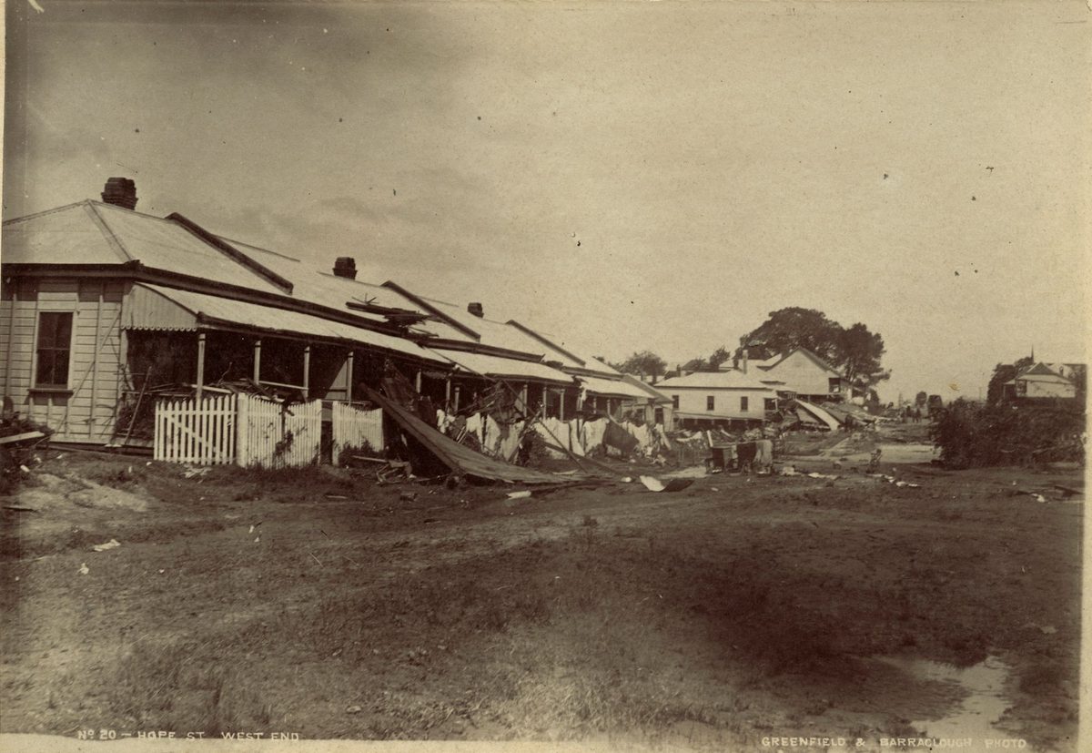Wreckage of houses in the South Brisbane street after the 1893 flood