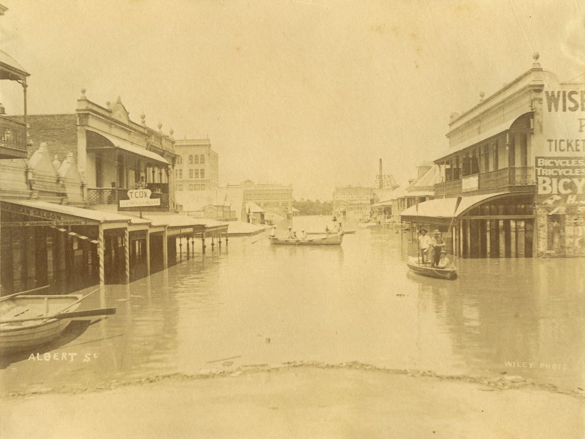 Boats plying up and down Albert Street in the City of Brisbane, during the 1893 floods, Brisbane City