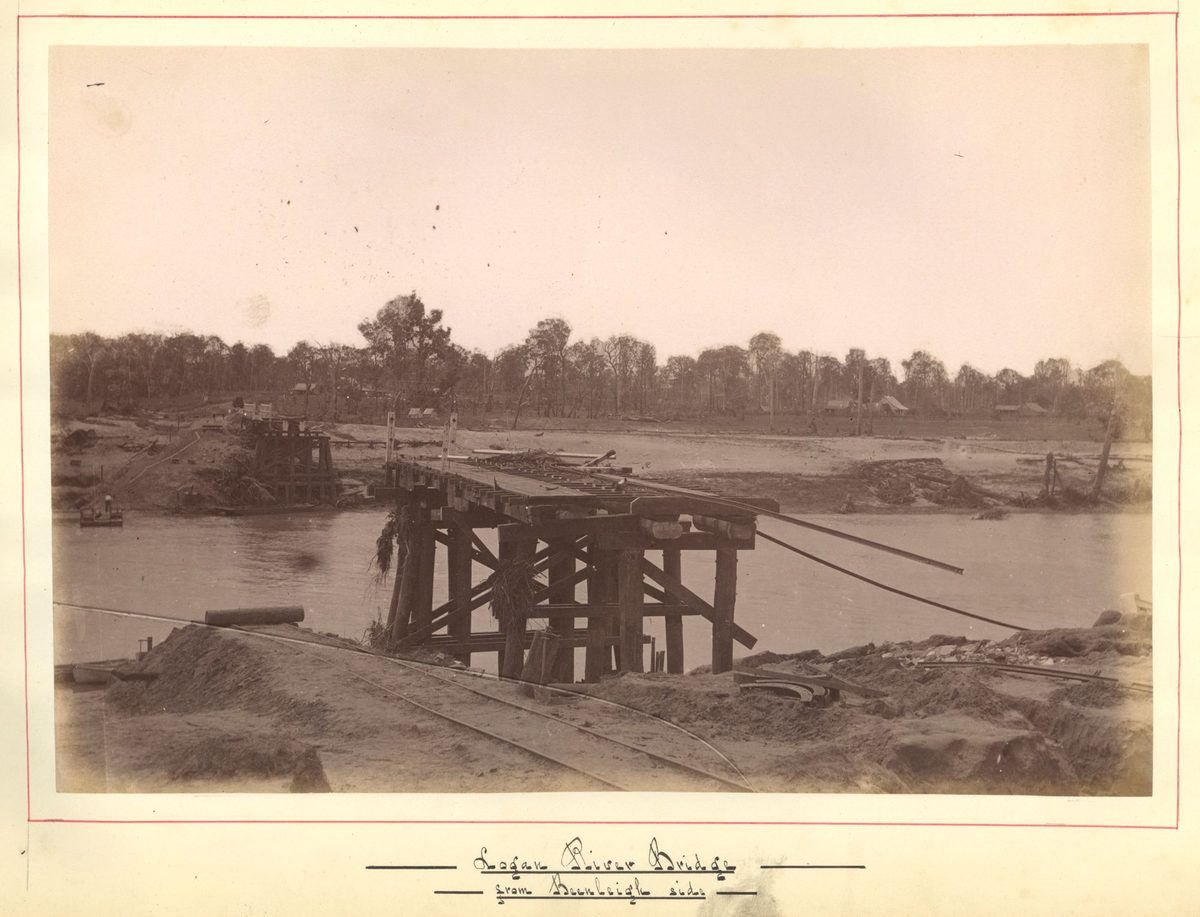 Flood damage to the Logan River railway bridge, looking from the Beenleight side, Beenleigh, 1887