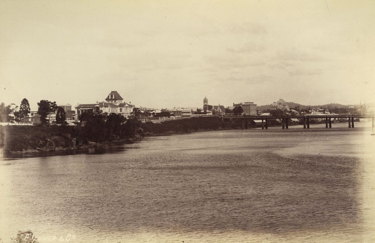 Victoria Bridge and Brisbane town centre buildings, 1884, Brisbane City