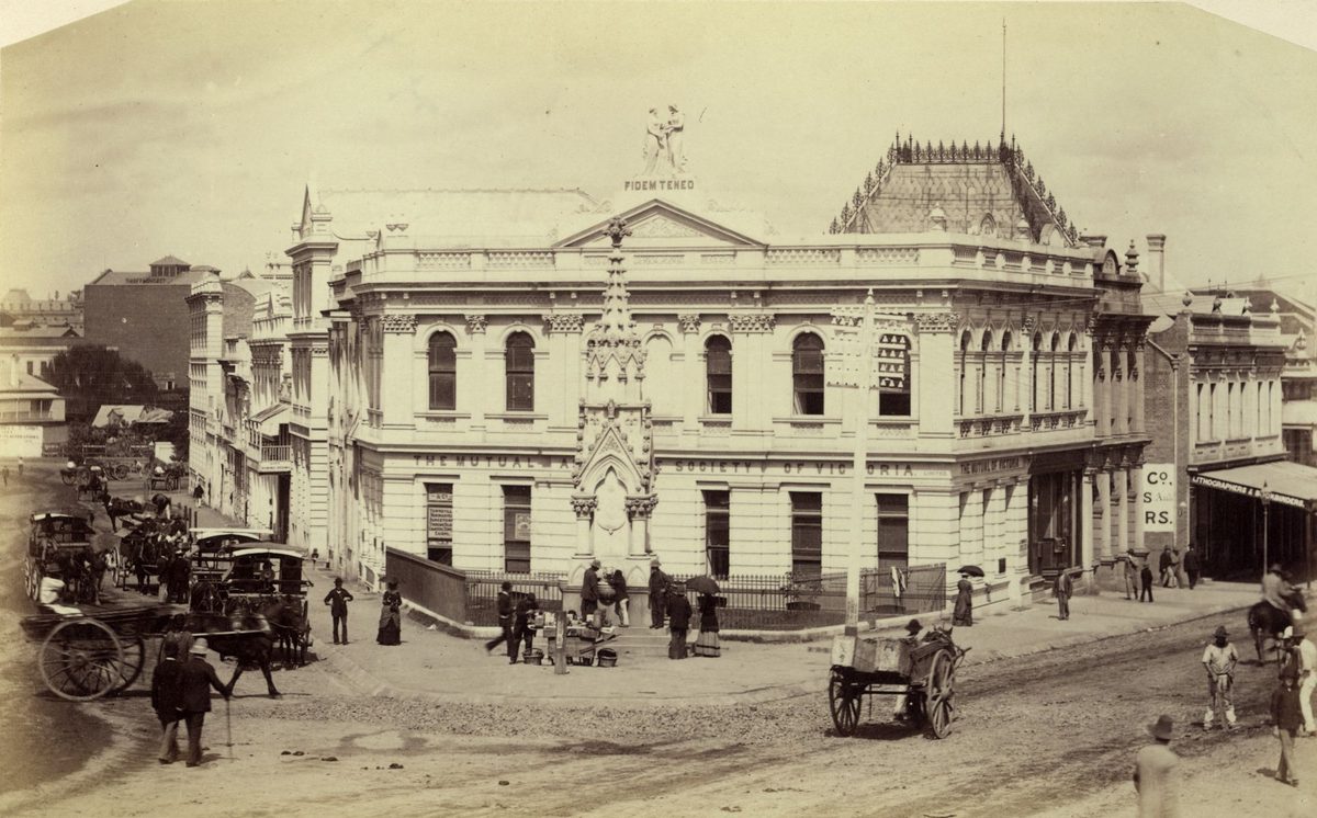 Bustling intersection of Queen and Eagle Streets, Brisbane, 1884