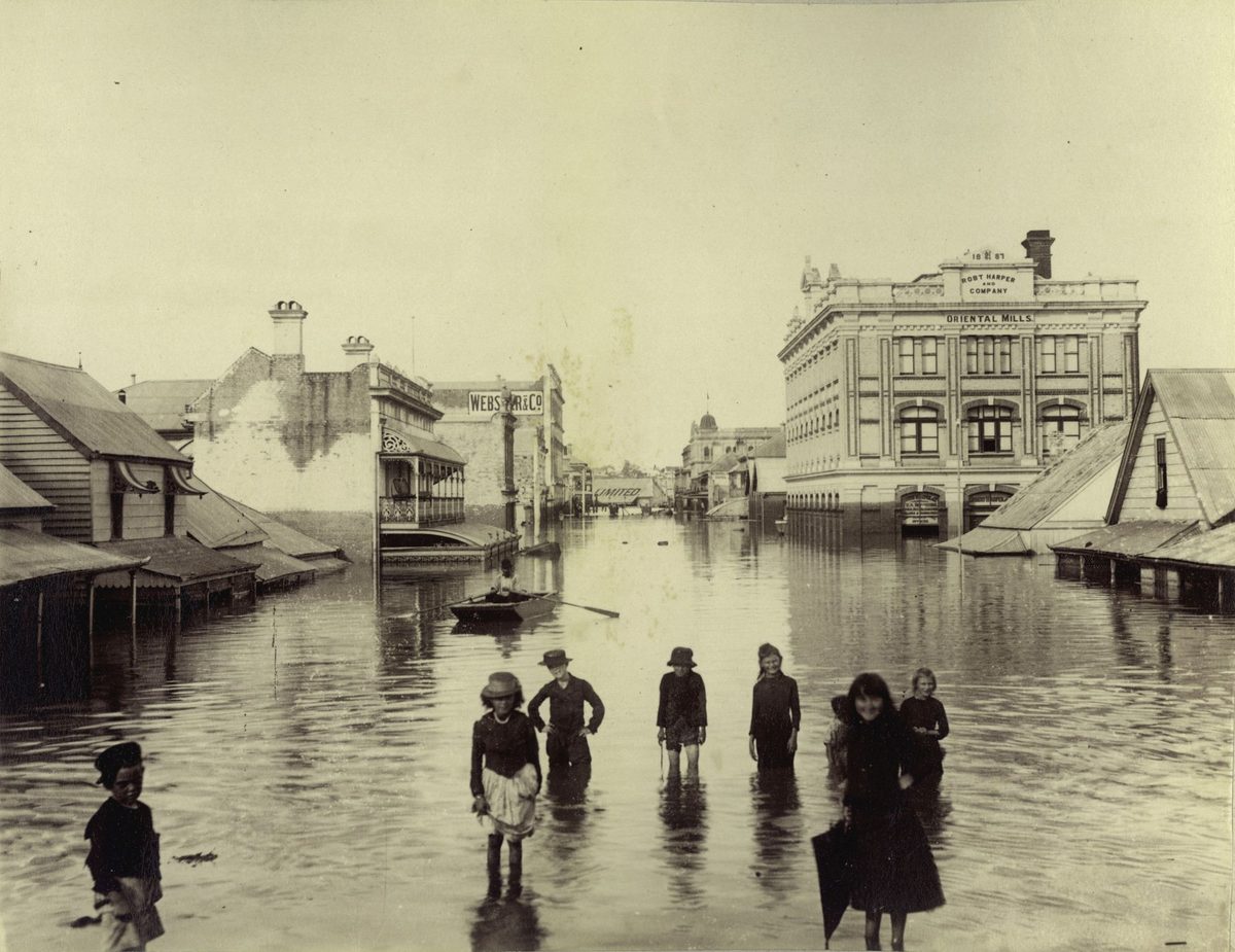 Children playing in the flooded streets, Brisbane, 1893