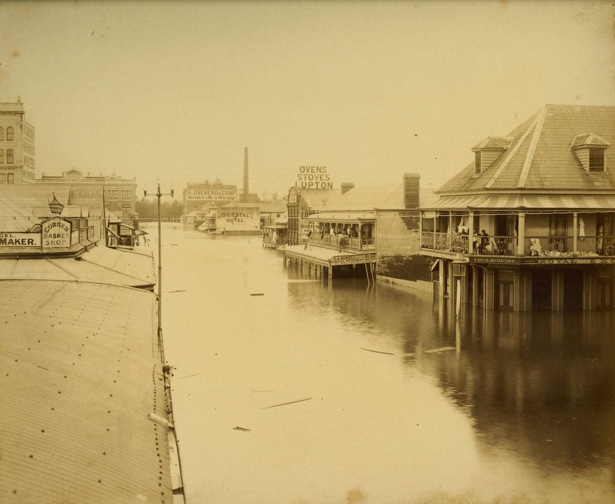 Looking down flooded Albert Street towards the Oriental Hotel, 1893, Brisbane River