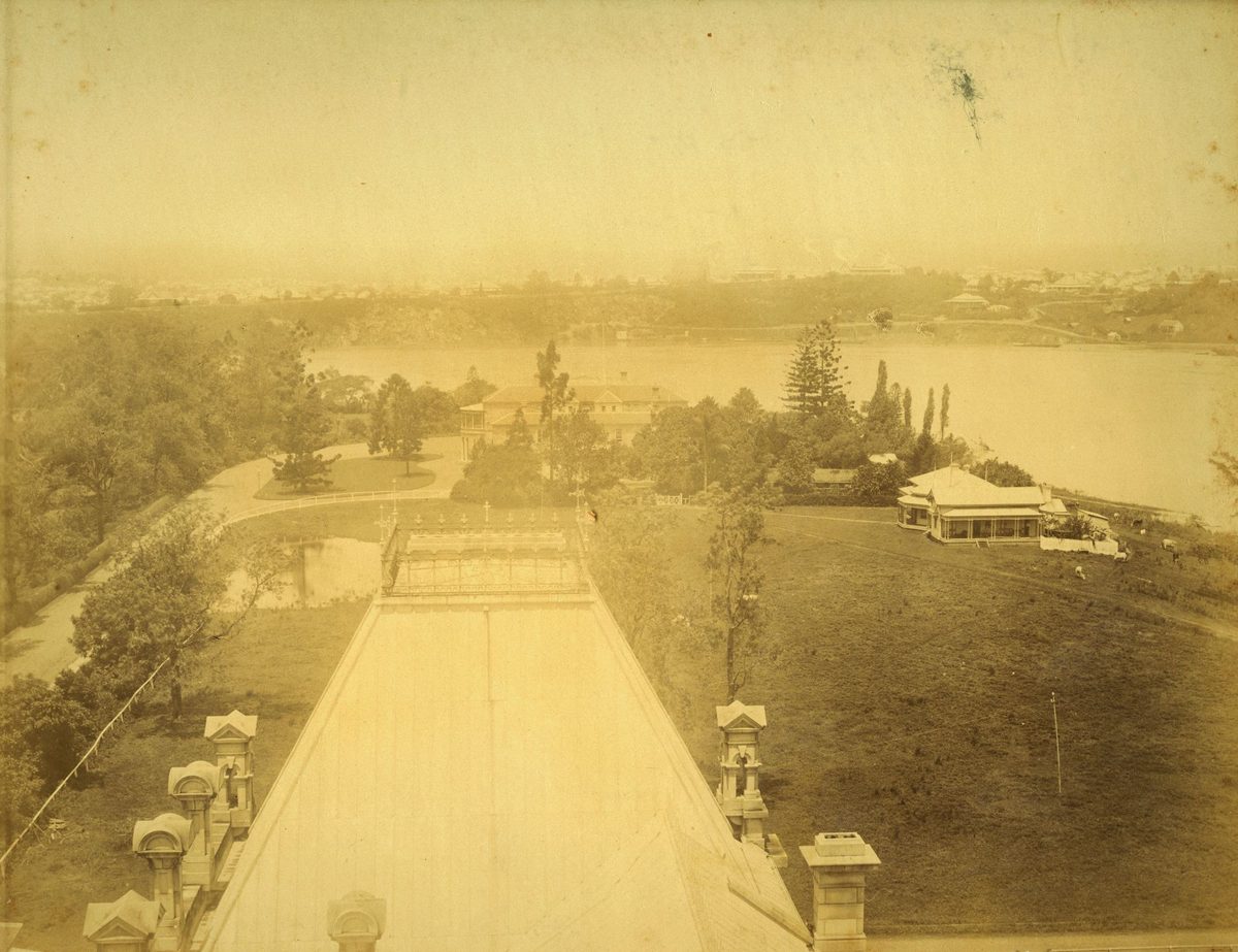 Looking towards Government House and the flooded Brisbane River from the roof of Parliament House, Brisbane 1893, Brisbane City