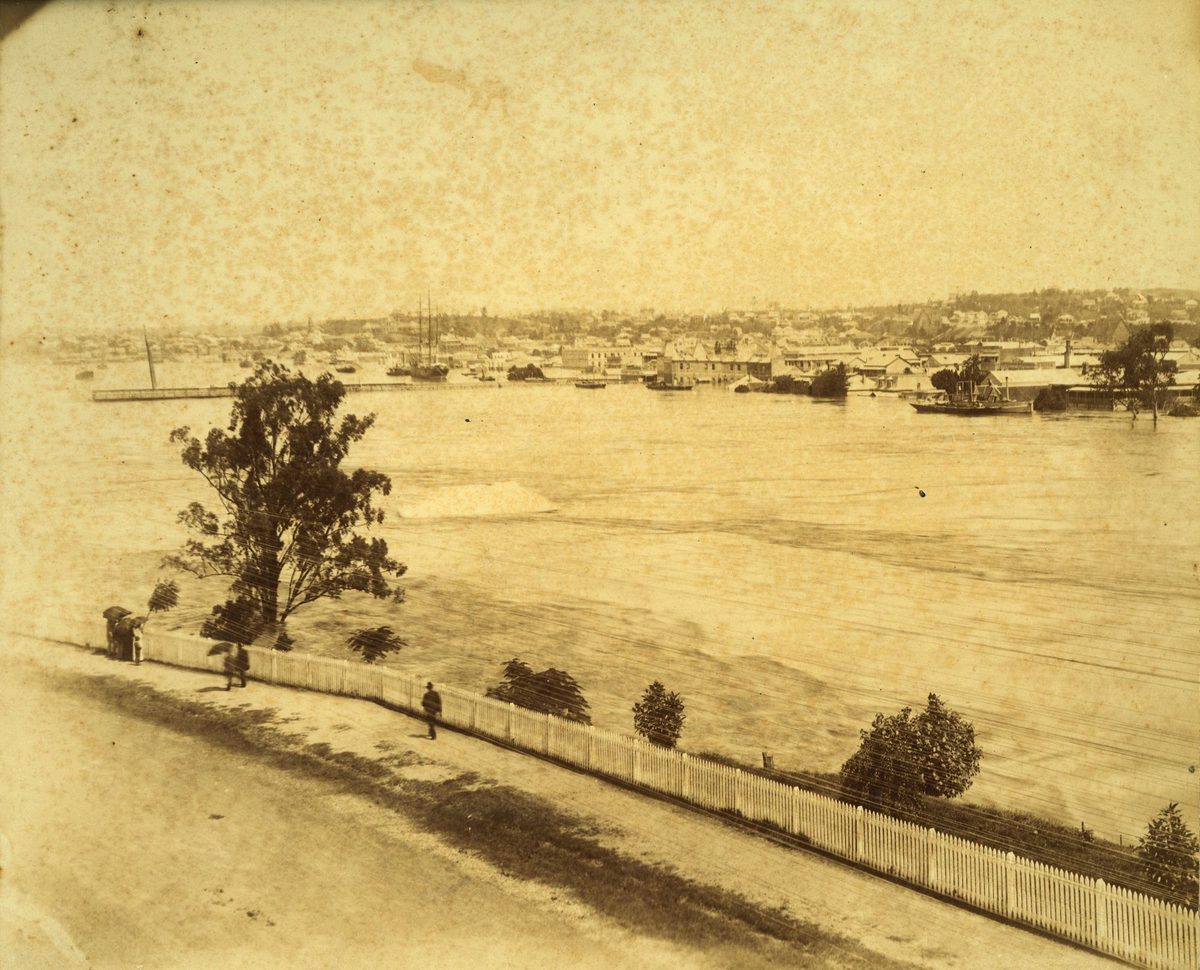 Looking across the flooded Brisbane River towards South Brisbane, 1893