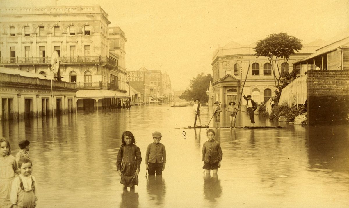 Children playing in the receding floodwaters, Brisbane, 1893