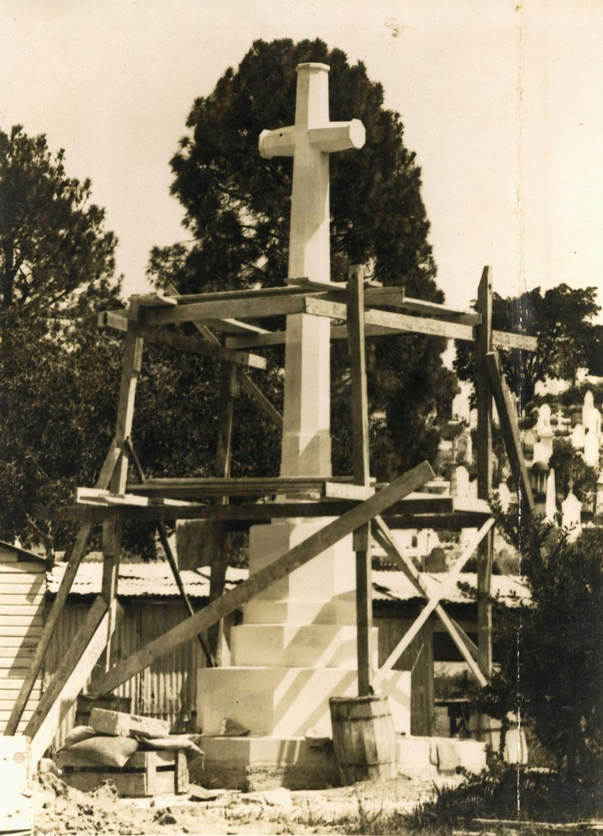 Cross of Sacrifice under construction at the Toowong Cemetery, Brisbane, 1924