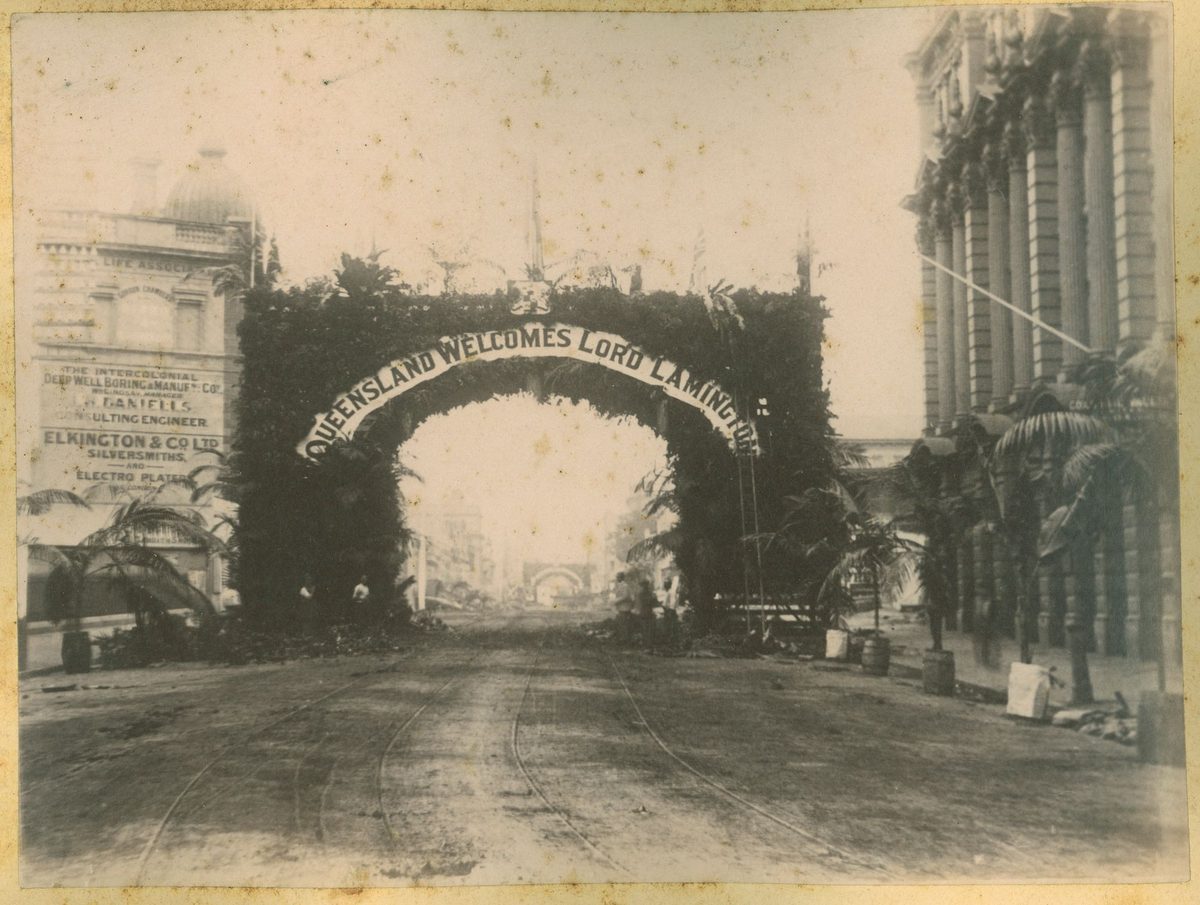 Street decorations erected to welcome Lord Lamington as Queensland Governor, Brisbane, 1895