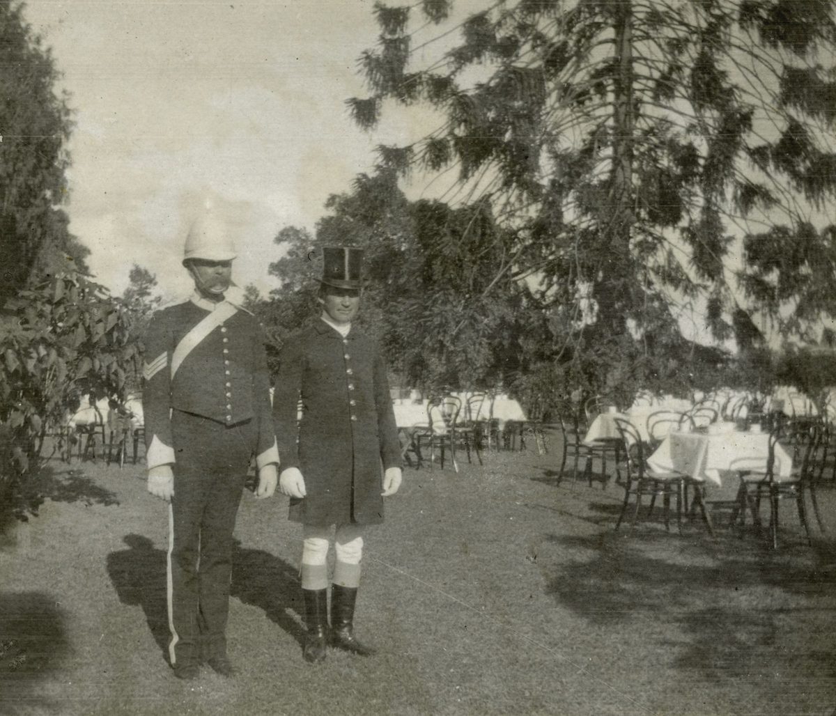 Sgt. Hart and coachman Clarke preparing for a garden party at Government House, Brisbane, May 1908, Brisbane City