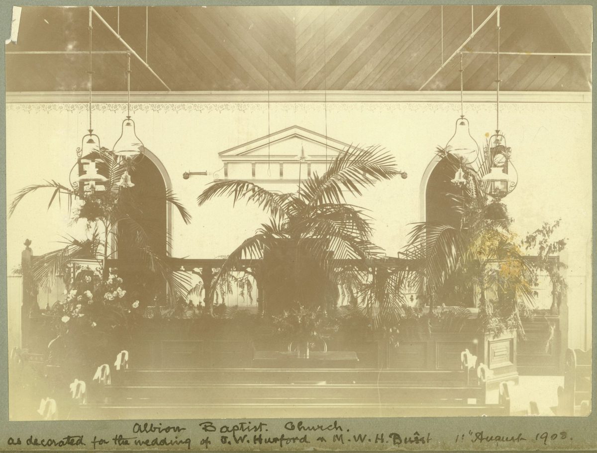 Interior of Albion Baptist Church, Brisbane decorated for a wedding (1908)
