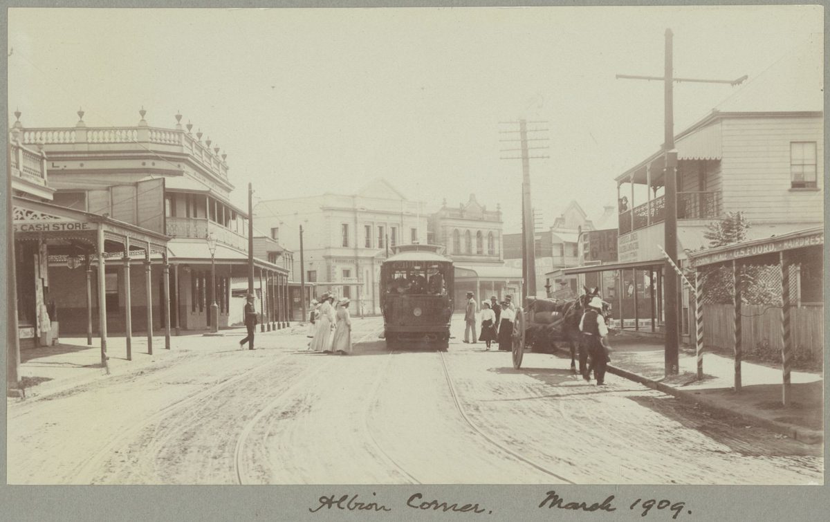 Tram halted at the Albion Corner, March 1909