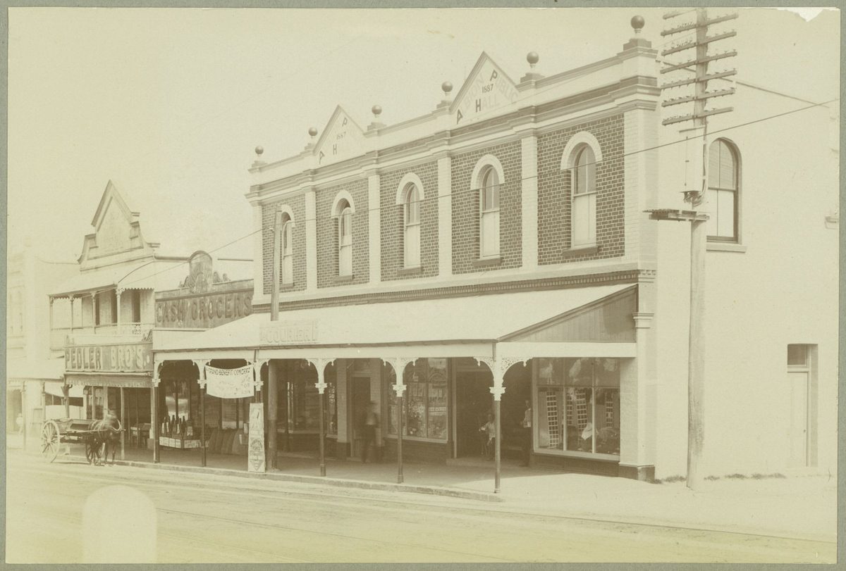 Side view of the Albion Public Hall and adjoining shops, Brisbane, March 1909