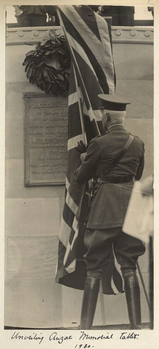 Sir John Goodwin unveiling the Anzac Memorial Tablet, Brisbane, 1930