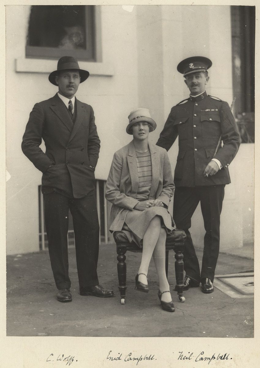 Enid and Neil Campbell and C. Wolff, staff of the Queensland Governor, Sir John Goodwin, Brisbane (1927)