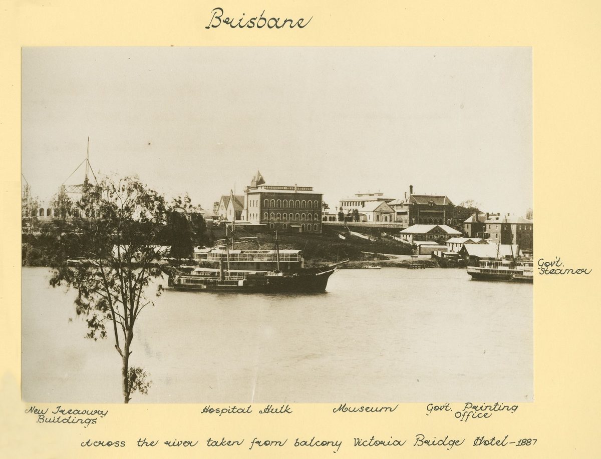 River views across to the Brisbane Museum and Government Printing Office, Brisbane City (1887)