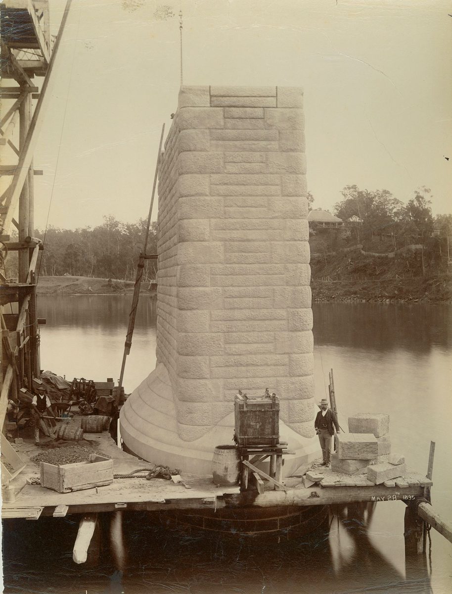 Masonry supports for the Indooroopilly Railway Bridge, looking from the northern bank, 1895