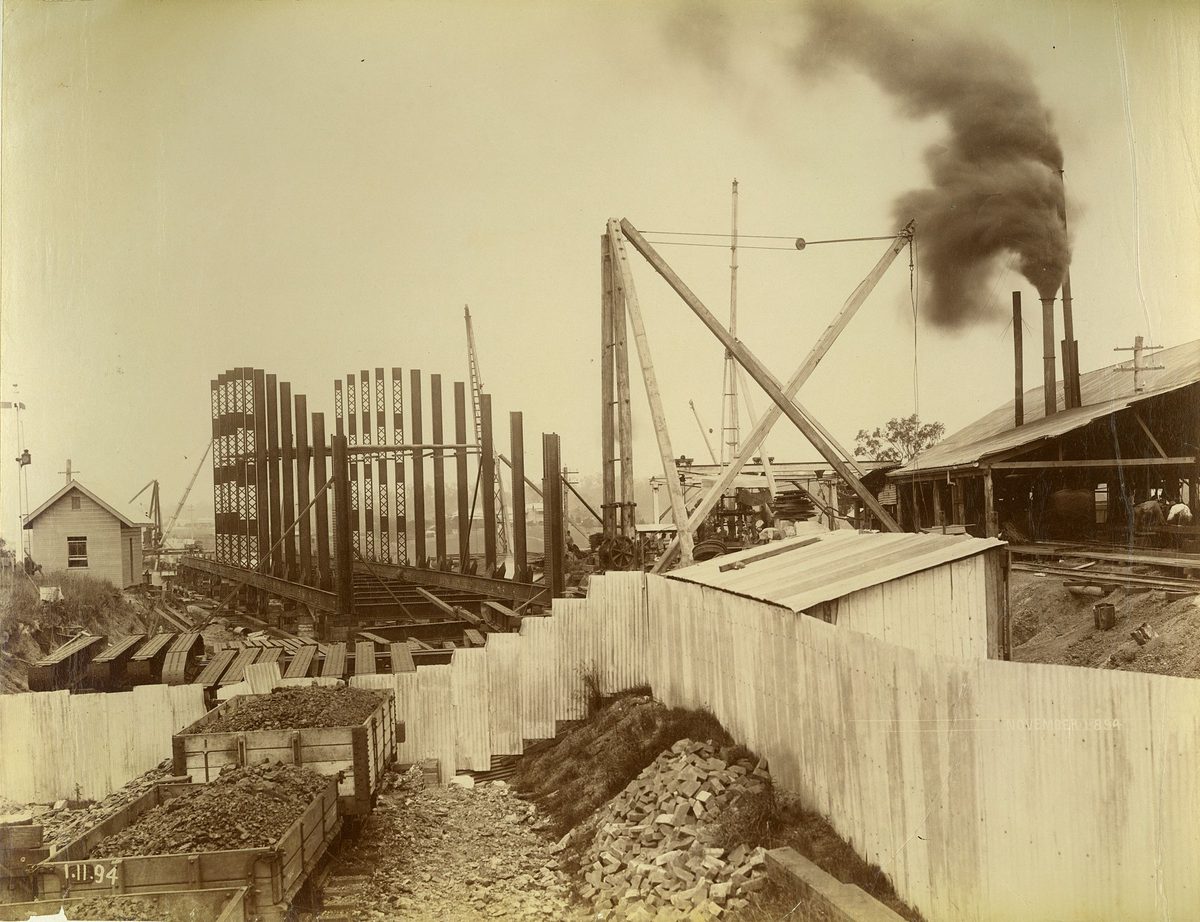 Start of the Indooroopilly Railway Bridge next to the railway workshops, Indooroopilly, Brisbane (1894)