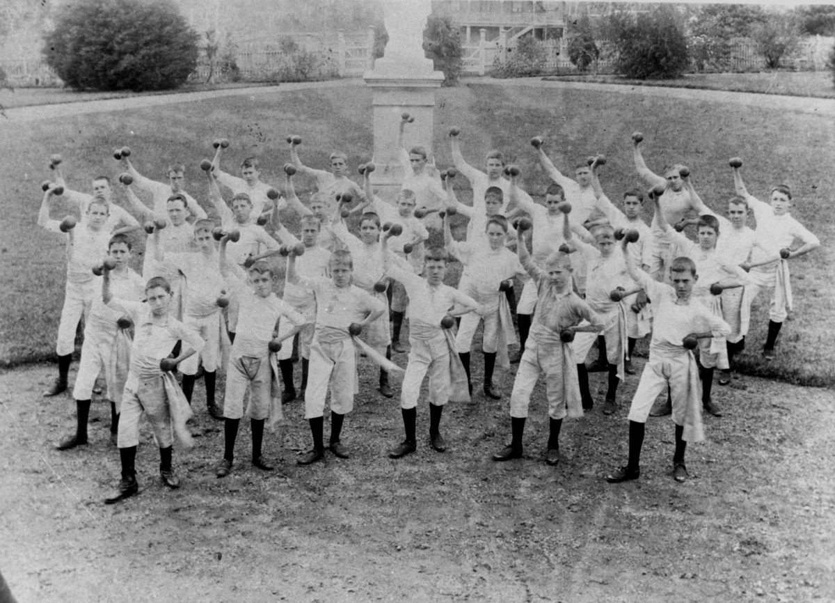 Dumbell drill on the front lawn of Nudgee College, Brisbane, 1898