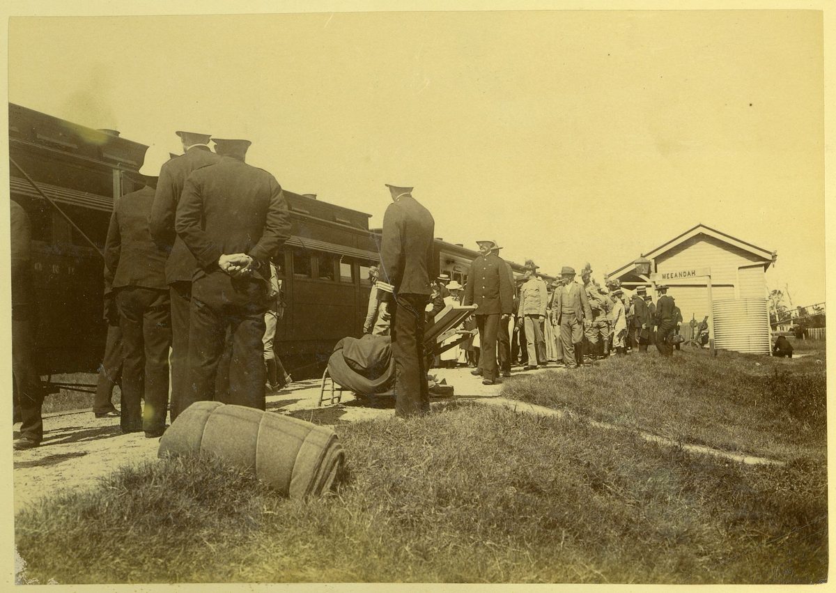 Passengers on the platform of the Meeandah Railway Station, 1899