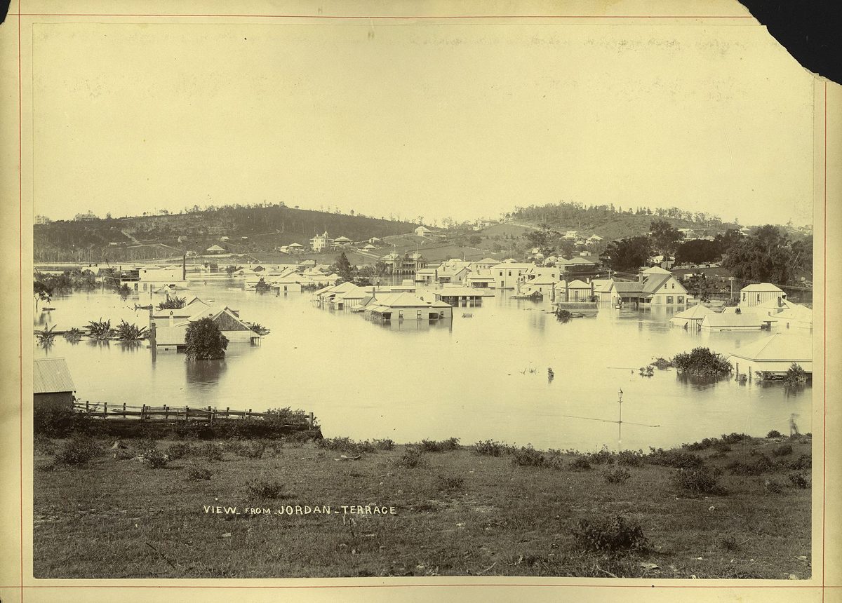 View of the Brisbane River in flood from Jordan Terrace, Bowen Hill, Queensland, 1893, Bowen Hills
