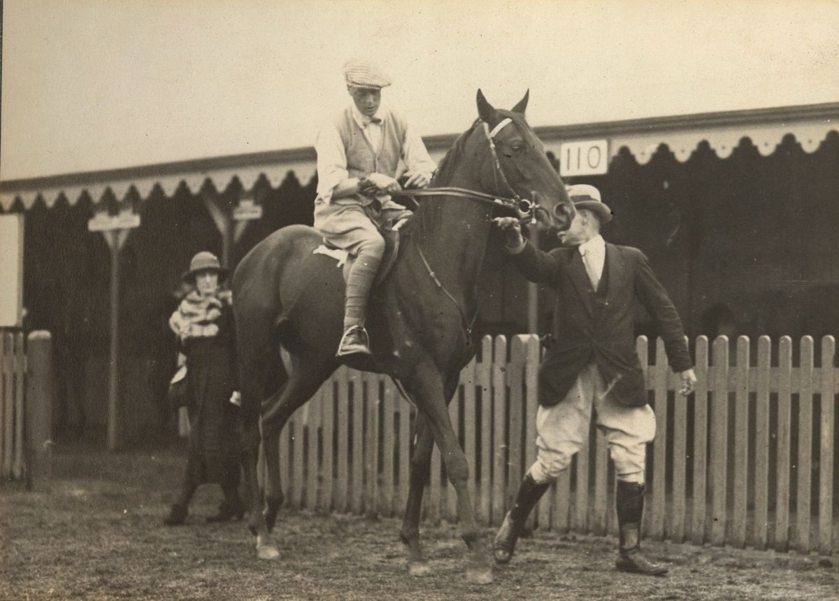 Edward, Prince of Wales mounted on a black thoroughbred, possibly at Ascot, Brisbane (1920)