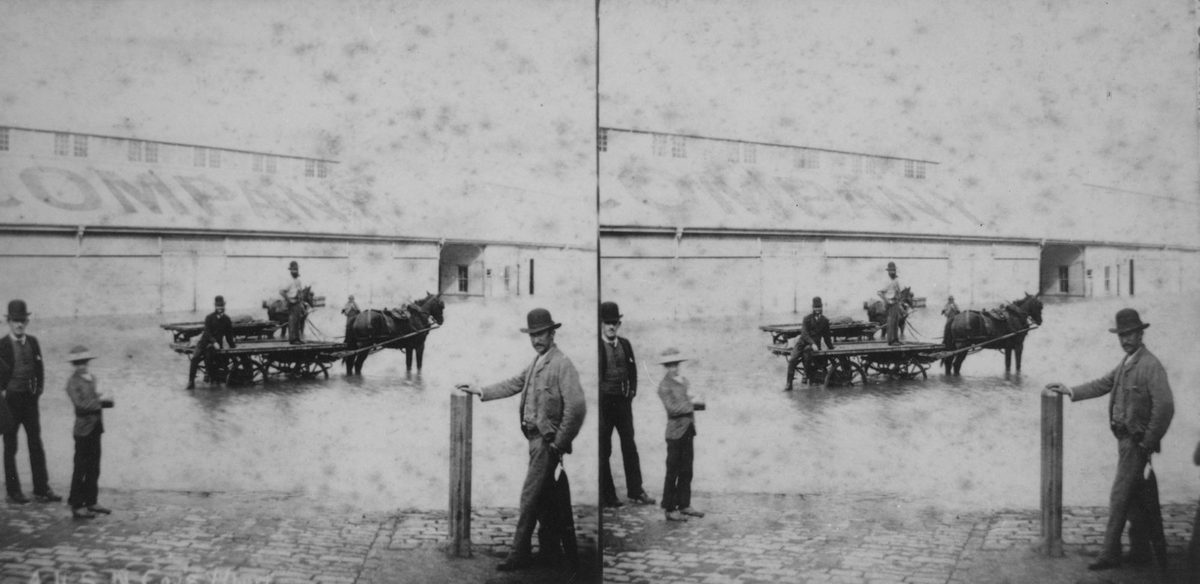 Horse and cart riding through the floodwaters on Brisbane's Mary Street, 1890, Brisbane City