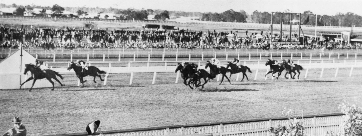 Beelbee is about to cross the winning post at Ascot, Brisbane, 1931