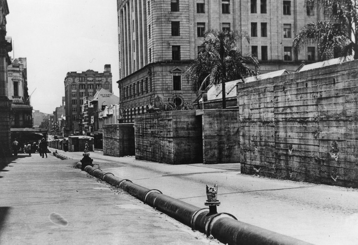 Air raid shelters down Elizabeth Street, Brisbane, 1942, Brisbane City