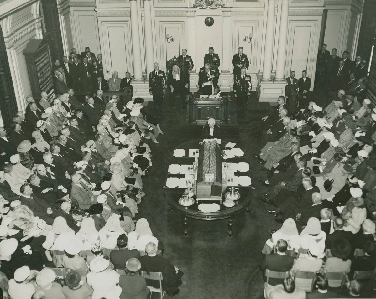 Sir John Dudley Lavarack being sworn in as Governor of Queensland, Parliament House, Brisbane, 1 October 1946, Brisbane City