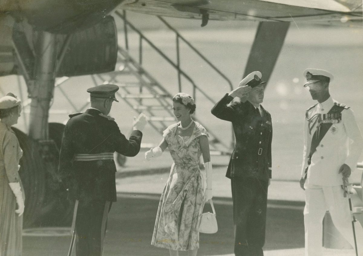 Sir John Lavarack welcomes the Queen and the Duke of Edinburgh to Brisbane, 1954