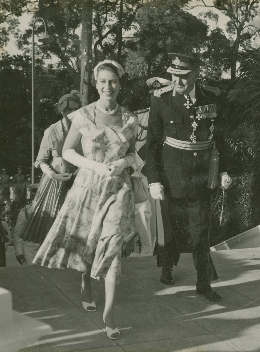 Queen Elizabeth II accompanied by the Governor, Sir John Lavarack, Brisbane, 1954