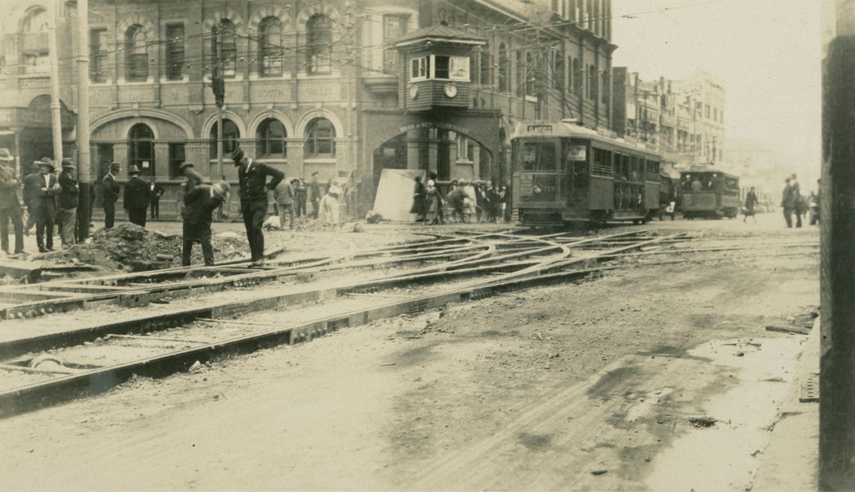 Tramways being constructed in Fortitude Valley, 1931