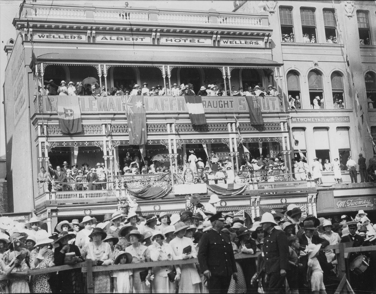 Albert Hotel, decorated for the visit of the Duke of Gloucester, Brisbane, 1934