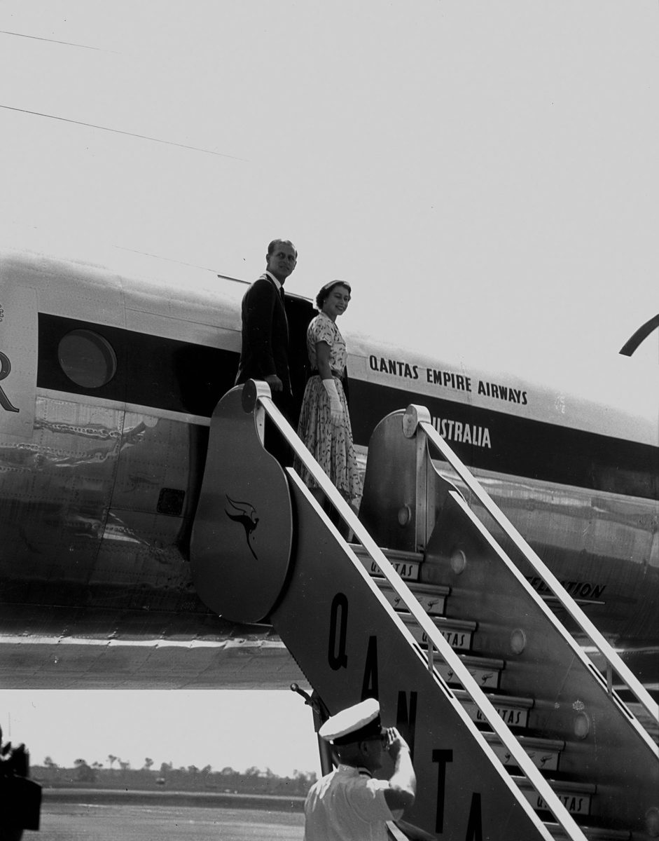 Queen Elizabeth II and Prince Philip boarding the Royal Aeroplane after their Queensland visit in March 1954, Eagle Farm