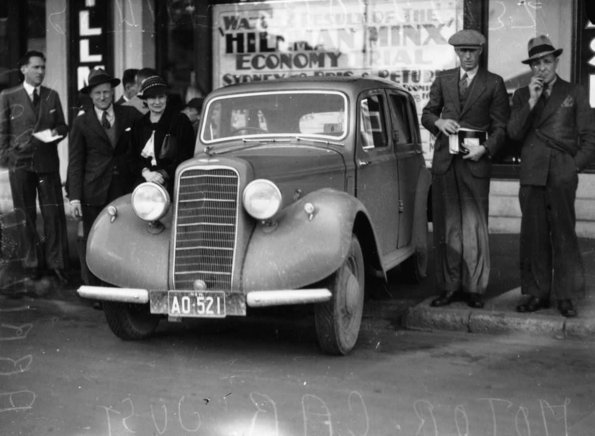 Hillman Minx Saloon arriving from Sydney on an Economy Trial, July 1937, Fortitude Valley
