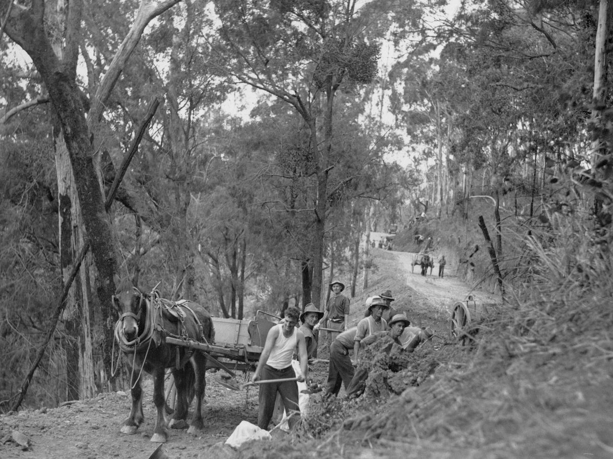 Road construction workers on Mount Nebo Road, 1931