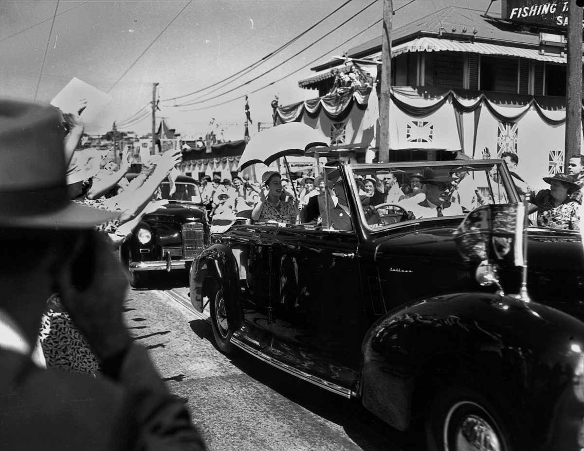 Queen Elizabeth II passes through the streets of Brisbane, March 1954