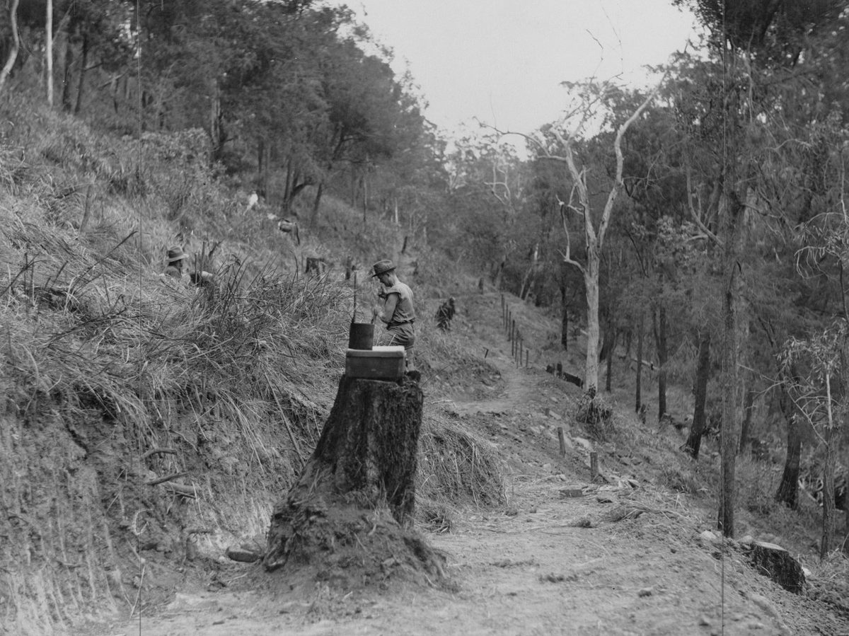 Construction workers on Mount Nebo Road, Queensland, Mt Nebo (1931)