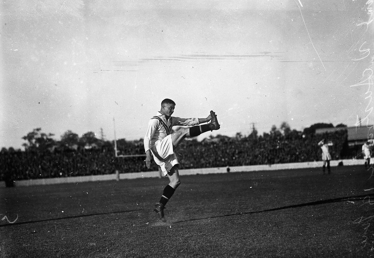 Sullivan kicking for England, in a Rugby Union match against Australia, 1933, Brisbane
