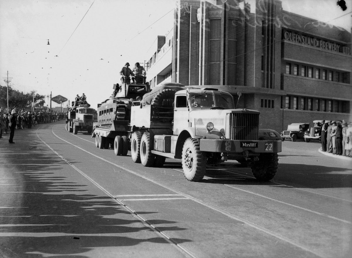 Parade of military vehicles through the streets of Brisbane, July 1942