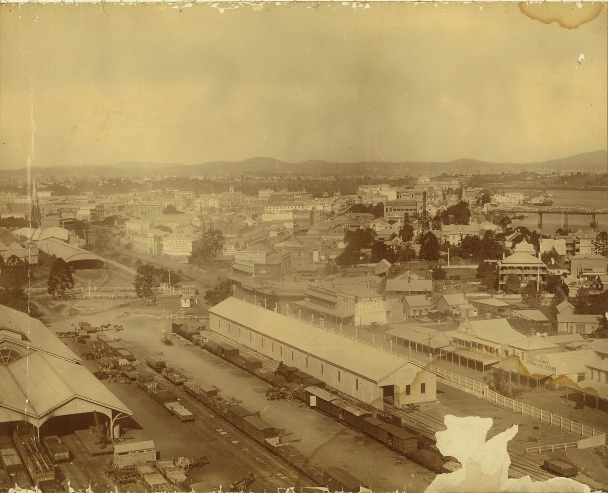 Looking down on the activities in the Roma Street station depot, Brisbane City (1897)