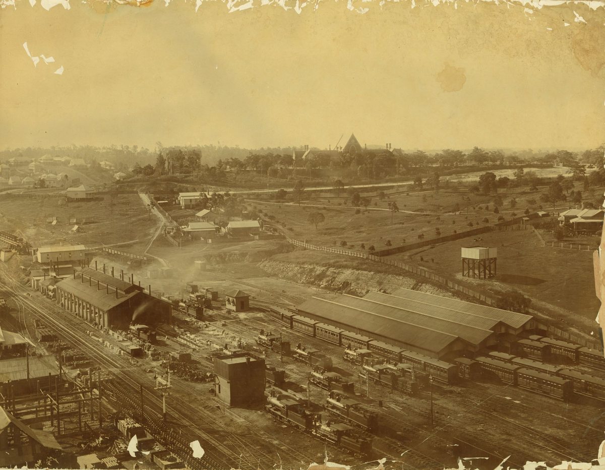 From the Roma Street Railway yards looking up to Wickham Terrace, Brisbane, 1897, Brisbane City