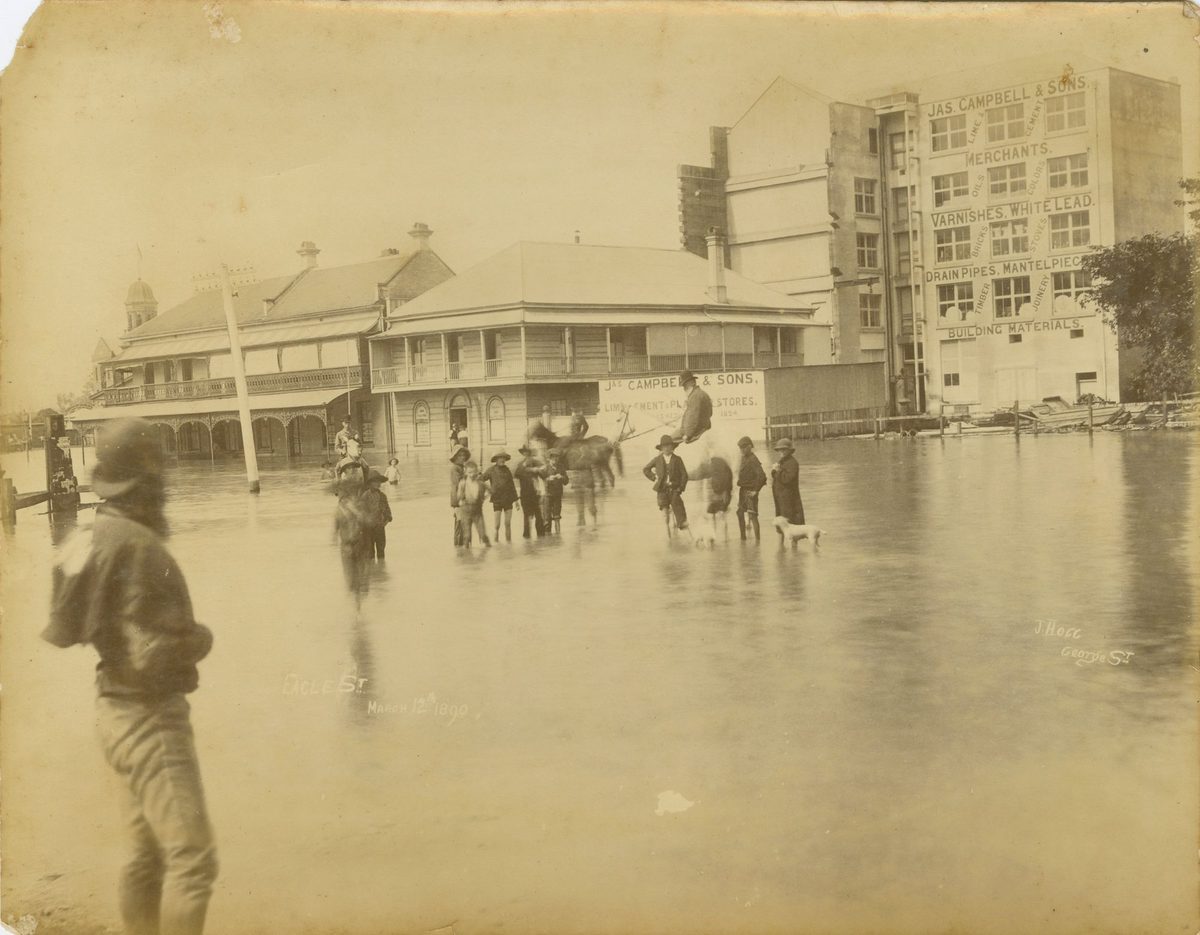 Floodwaters flow through Eagle Street, Brisbane, 1890, Brisbane City