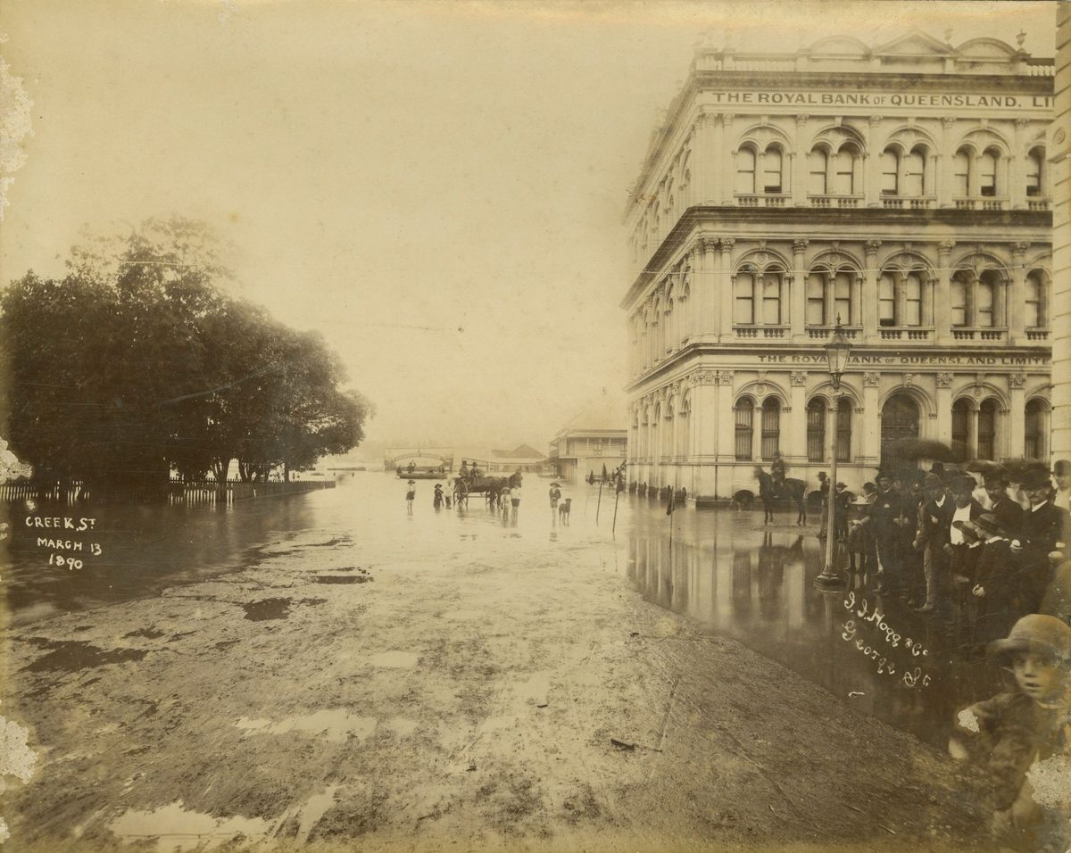 Looking up flooded Creek Street, Brisbane, 1890, Brisbane City