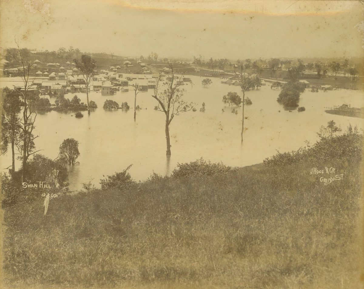 Hilltop view of floodwaters in the Brisbane district, 1890