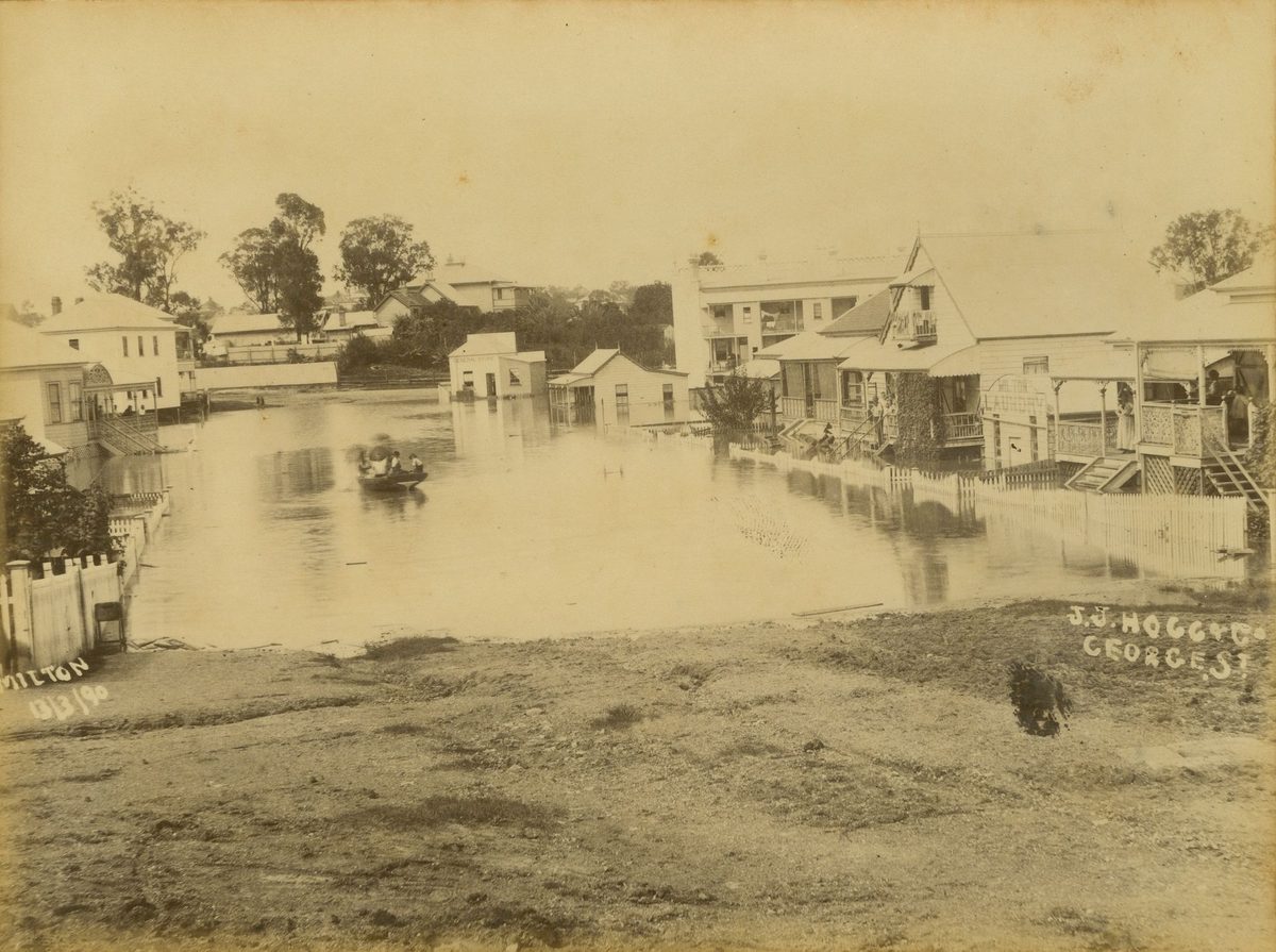 Floodwaters in the street at Milton, Brisbane, 1890