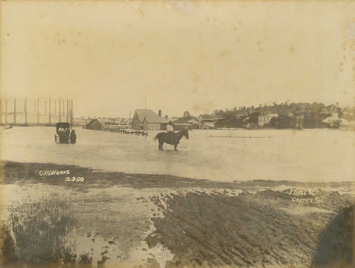 Floodwaters around the gasworks at South Brisbane, 1890