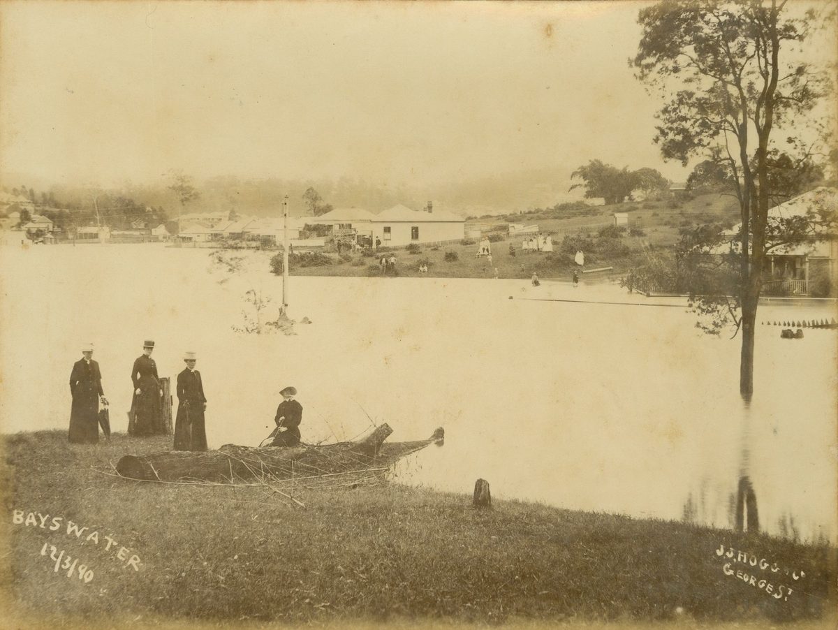 Floodwaters isolate neighbours across the street at Bayswater, Milton, 1890