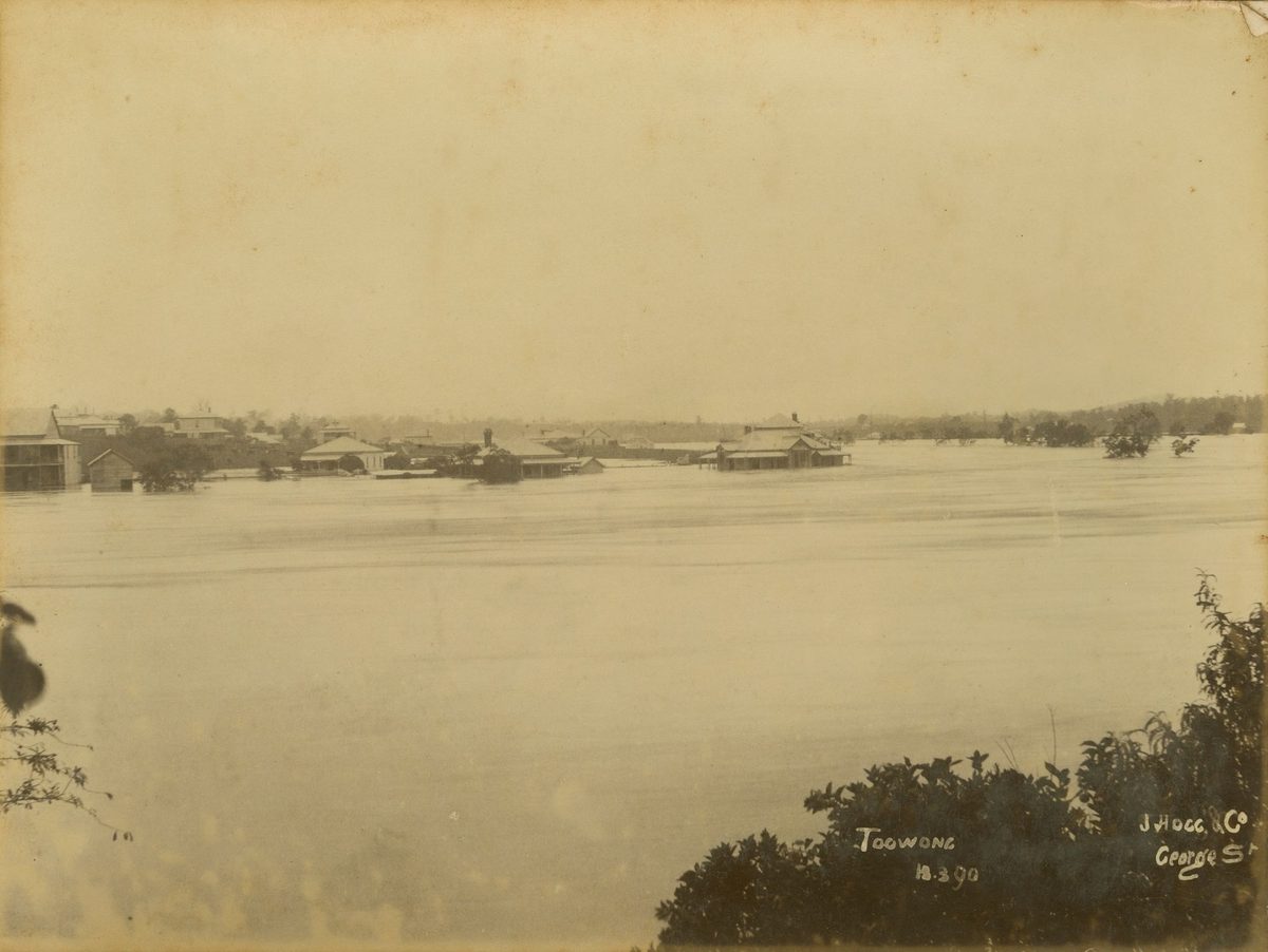 Houses inundated with floodwaters at Toowong, Brisbane, 1890