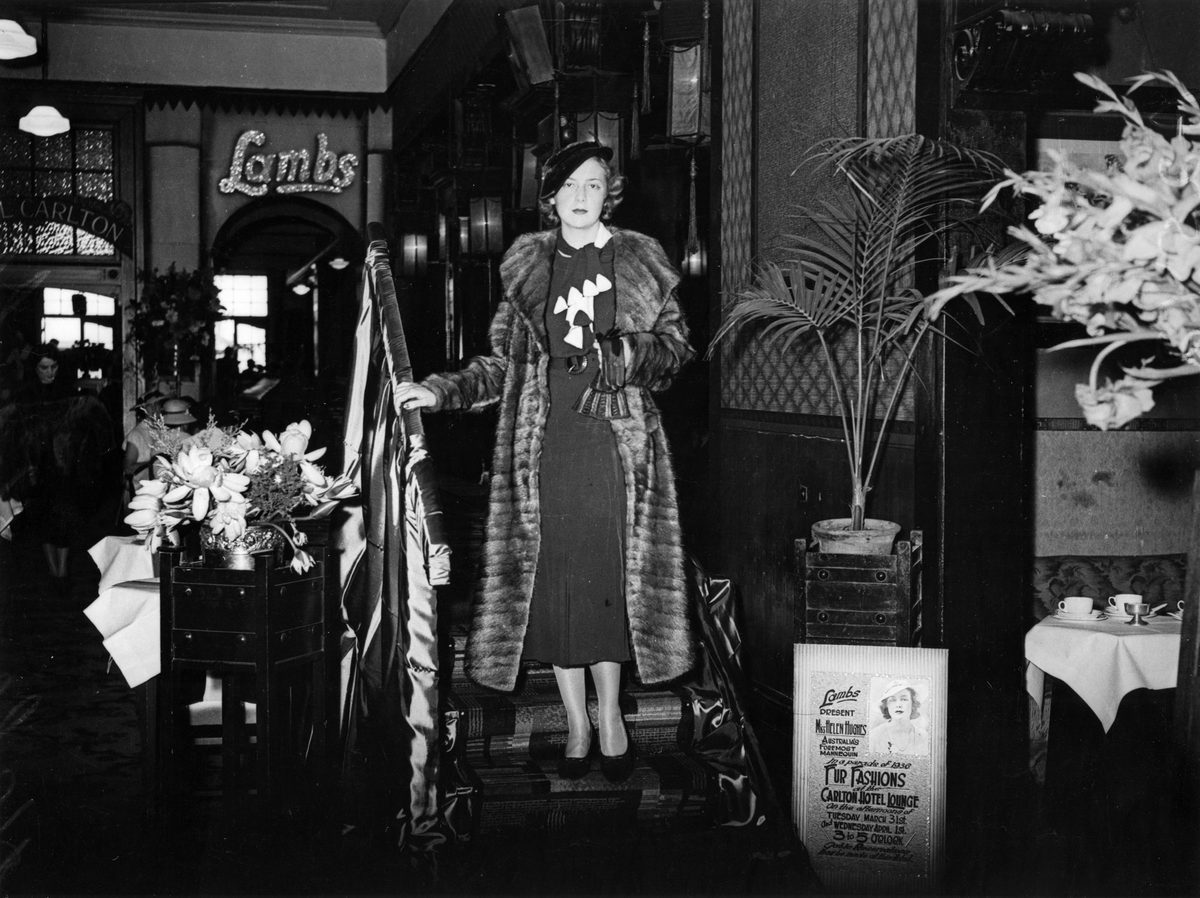 Helen Hughes modelling fur fashions at the Carlton Hotel, Brisbane, 1936